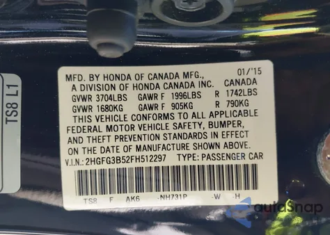 2015 Honda Civic Lx z USA, uszkodzony, nr VIN 2HGFG3B52FH512297